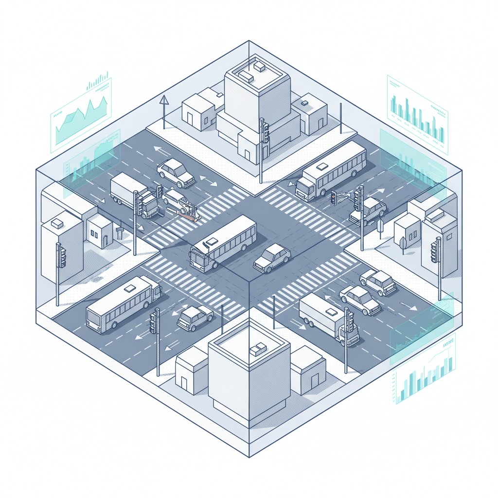 A graphic isometric illustration of a busy 3D city intersection with traffic and buildings.