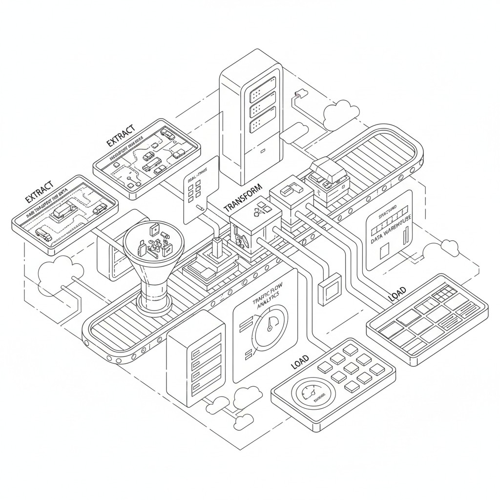 A 3D technical diagram featuring a collection of computing devices on a white background and a zoomed-in view of one devic...