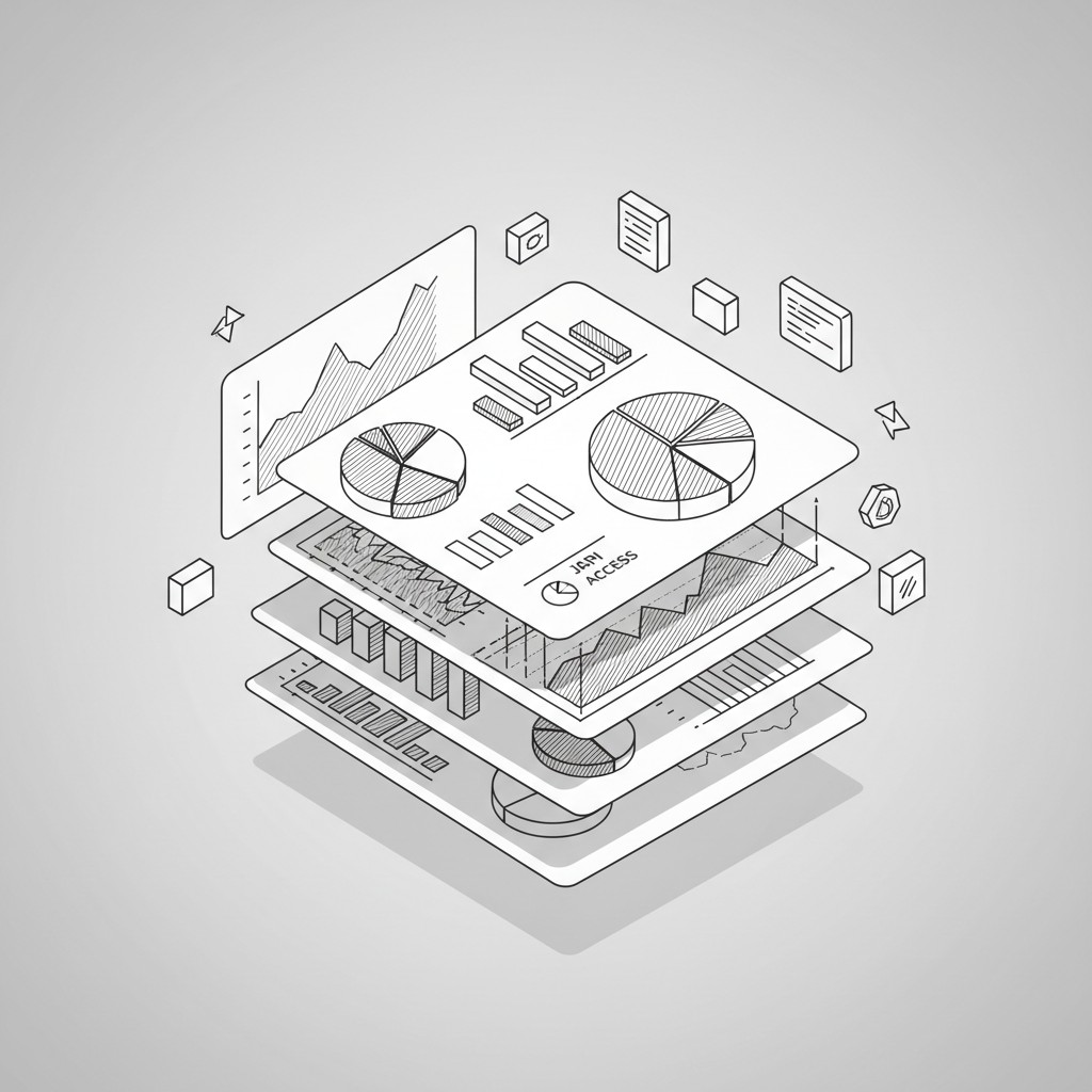 An illustration of a stack of various 2D charts related to data and numbers.